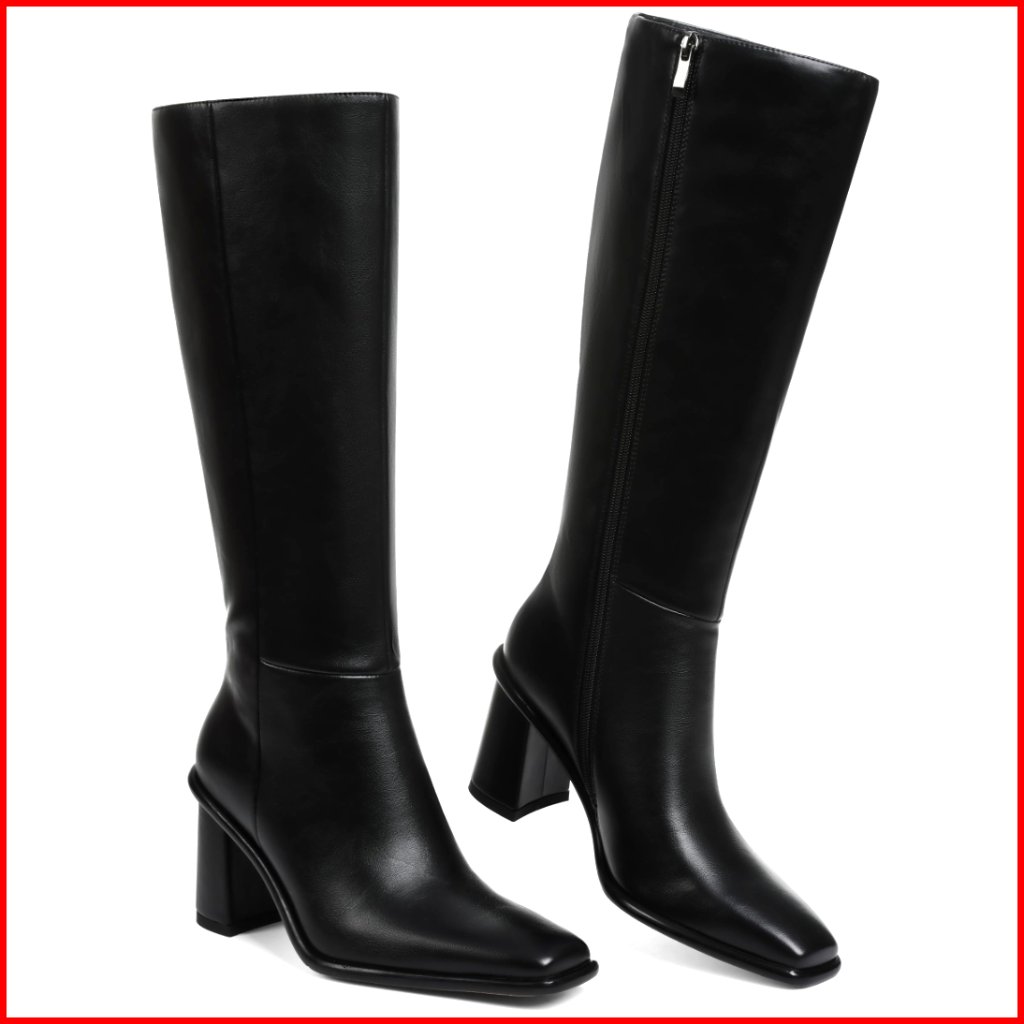 Wide Calf Knee High Boots Square Toe Chunky Heel Leather Tall Boots